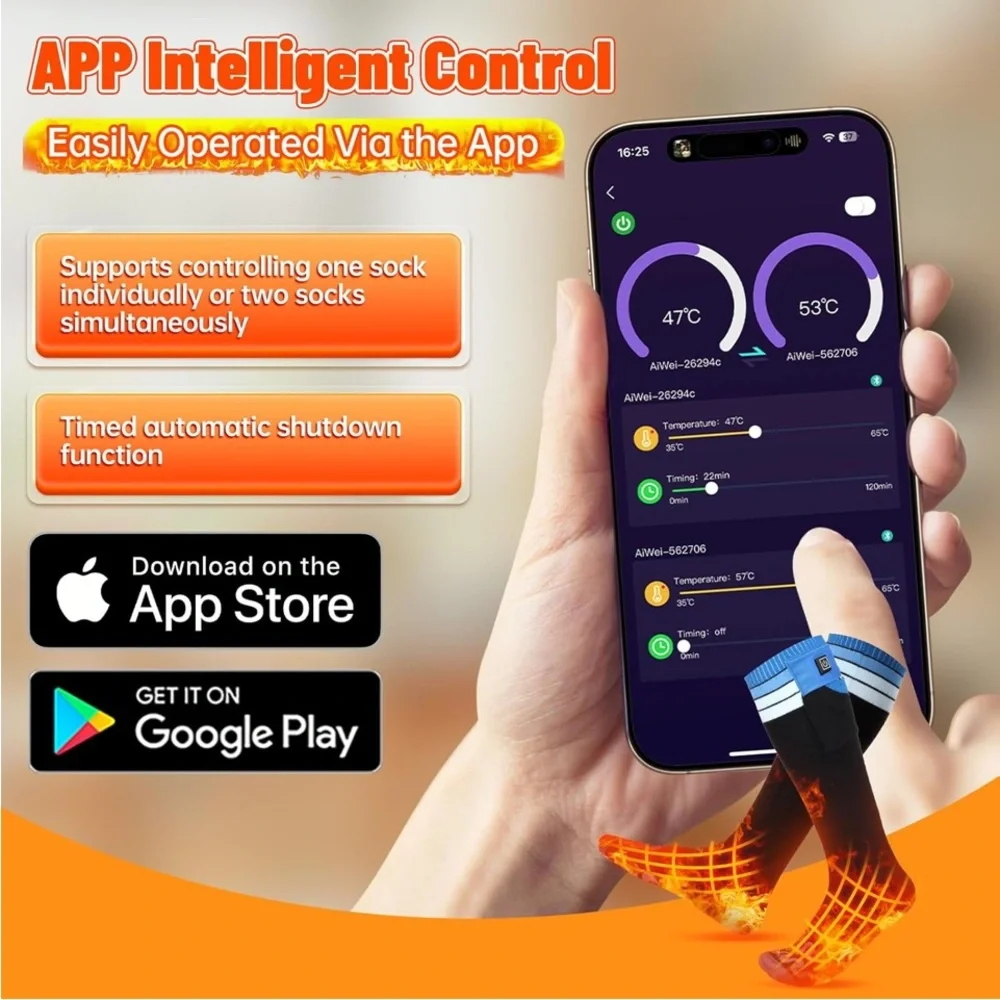 New Heated Socks for Men Women with APP Remote Control, 7.4V..